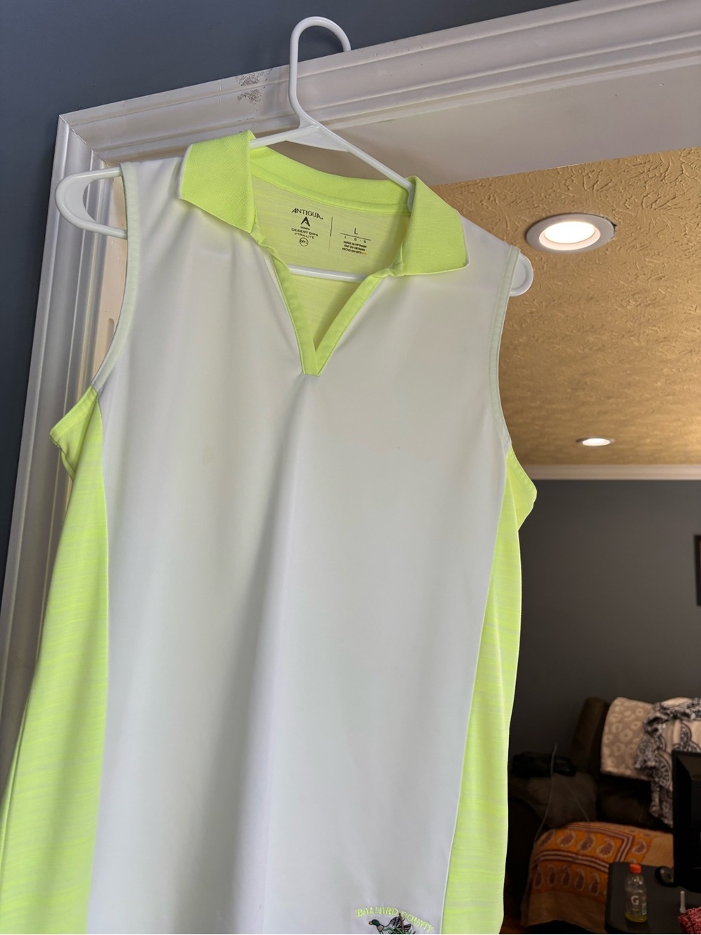 Antigua Women’s Sleeveless Polo Tank - White with Neon Yellow Accents